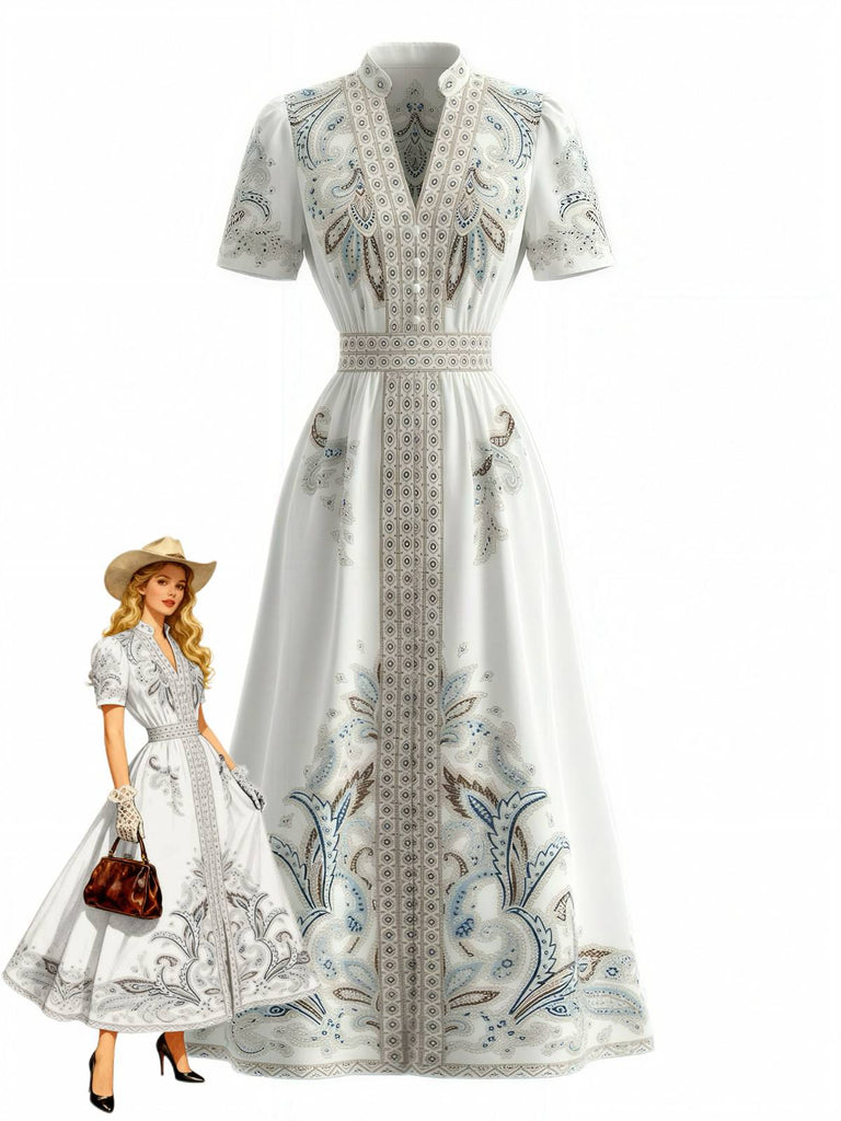Robe blanche taille haute et motif floral tropical années 1950