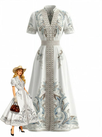 Robe blanche taille haute et motif floral tropical années 1950