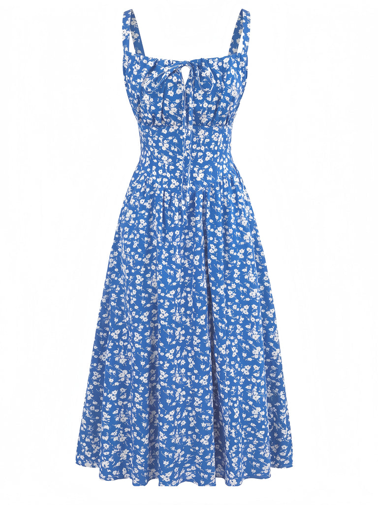 Robe Nouage Avant Col Carré Petites Fleurs Bleue Années 40