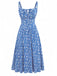 Robe Nouage Avant Col Carré Petites Fleurs Bleue Années 40