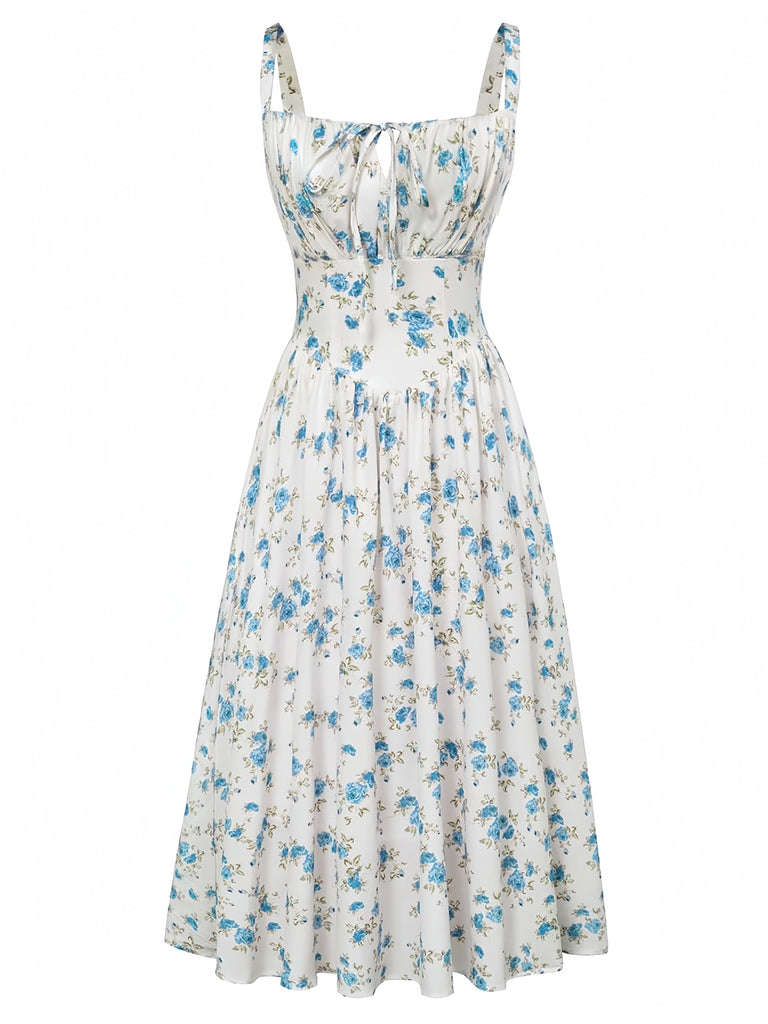 Robe Nouage Avant Col Carré Petites Fleurs Bleue Années 40