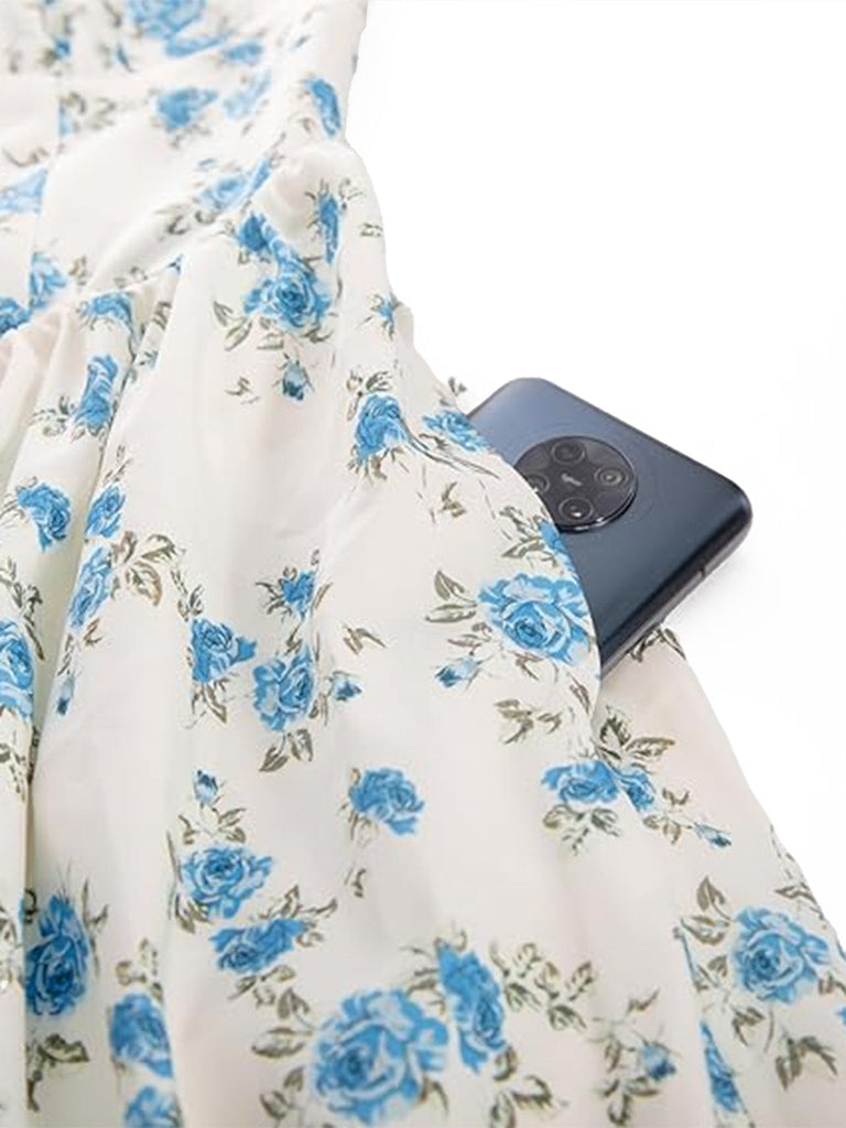 Robe Nouage Avant Col Carré Petites Fleurs Bleue Années 40