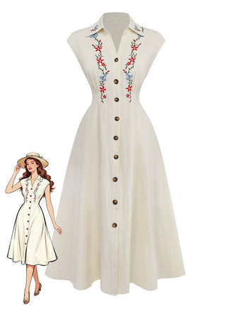 Robe beige broderies florales et manches courtes années 1940
