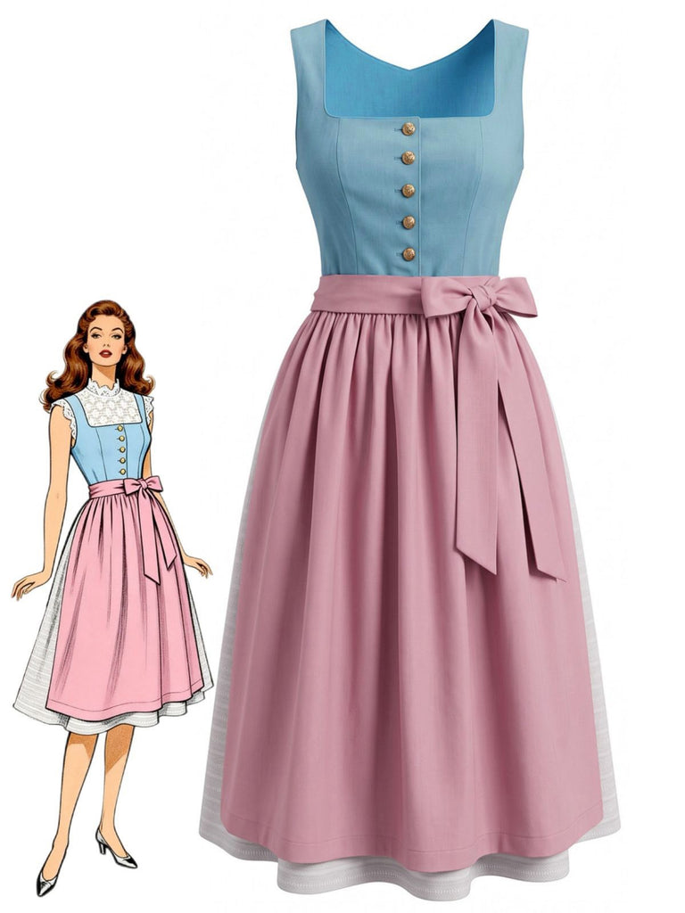 2PCS Robe bleu sans manches à col carré et tablier rose Années 1950