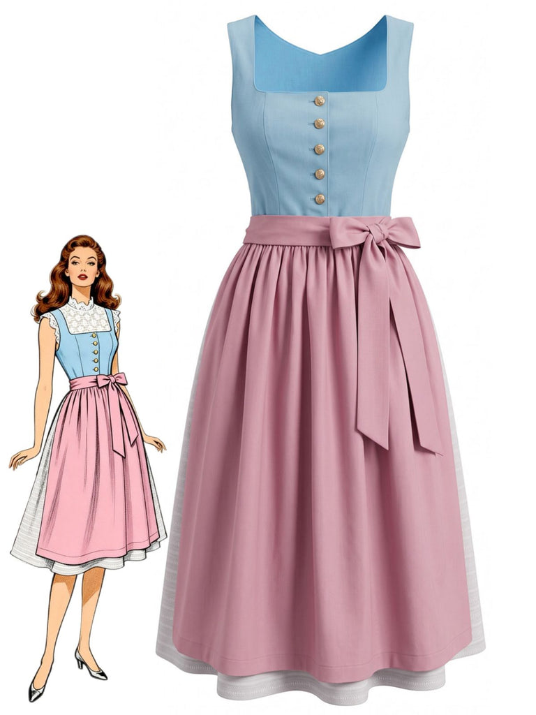 Ensemble 2PCS bleu avec robe sans manches à col carré et tablier rose Années 1950