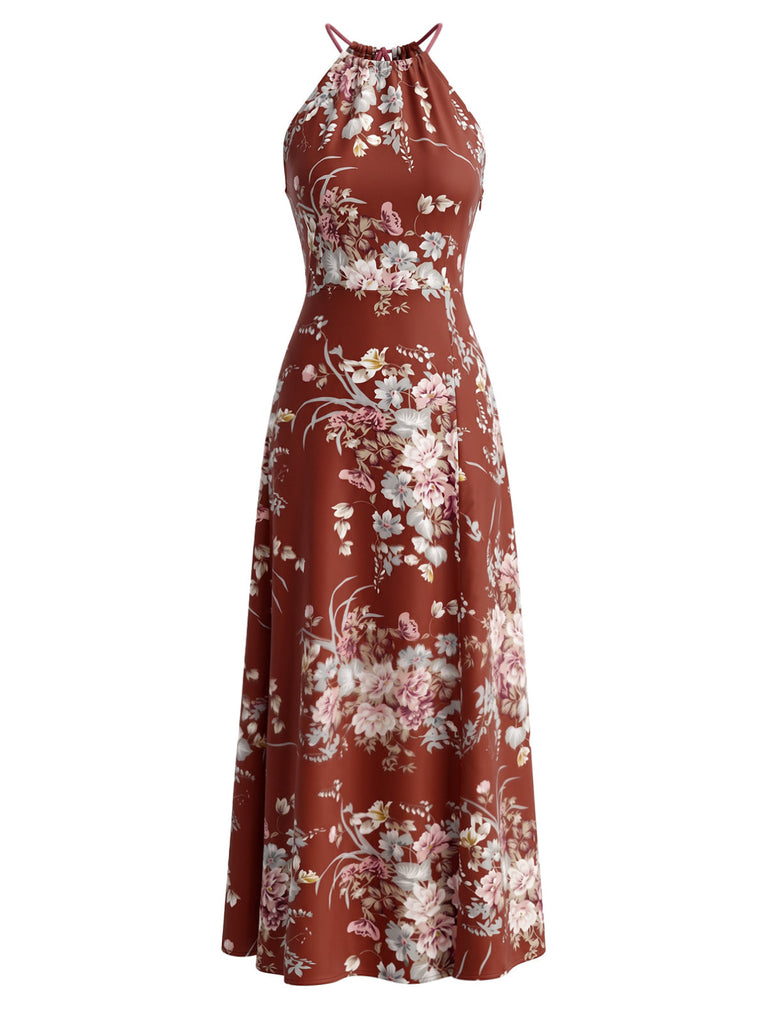 Robe Maxi Fendue Dos-Nu Floral Boho Rouge Années 70
