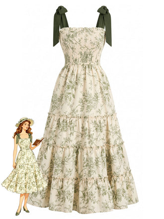 Robe Imprimé Floral Végétal Verte Années 40