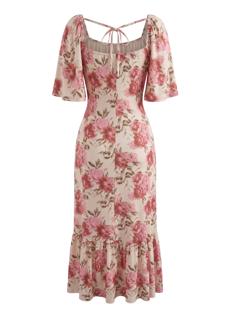 Robe Rose Floral Dos Noué Manches Bouffantes Midi Années 1930 3