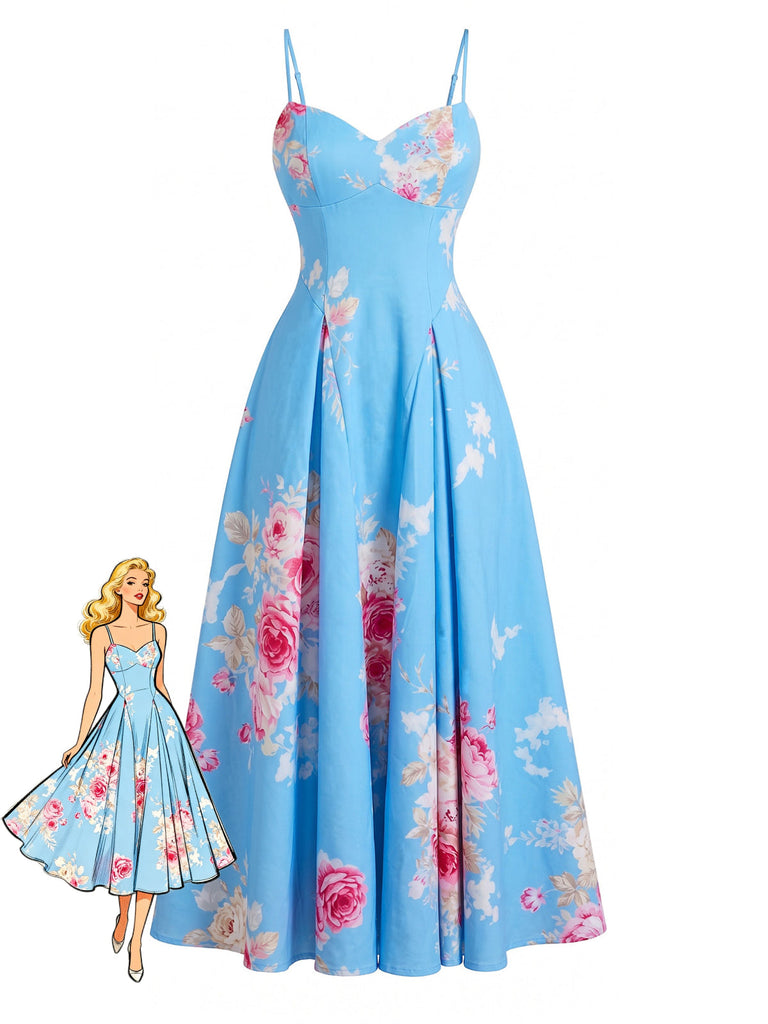 Robe Bretelles Spaghetti Col Cœur Floral Mi-Longue Col Années 1940