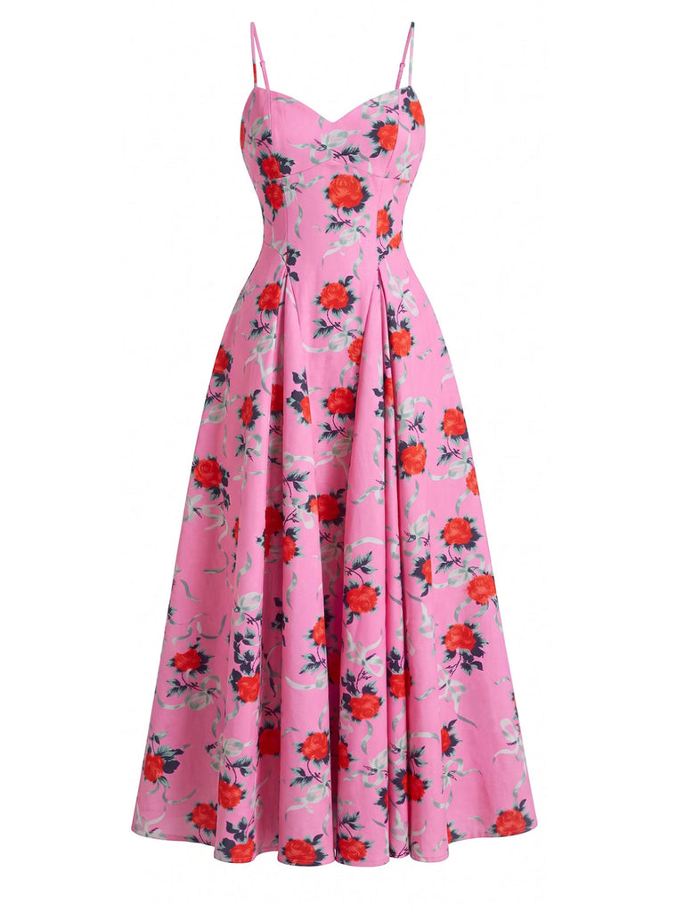 Robe Bretelles Spaghetti Col Cœur Floral Mi-Longue Col Années 1940 4