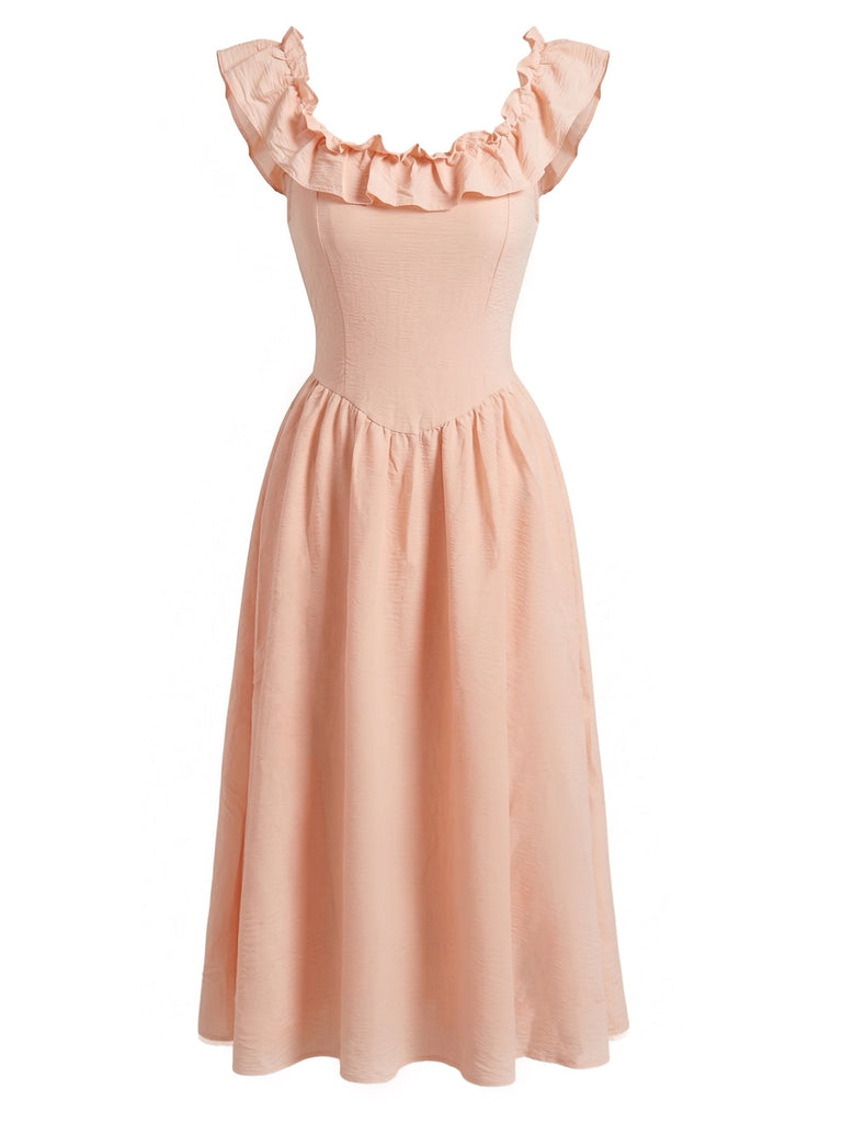 Robe Rose Col Carré Volant Smocké Années 1940 2