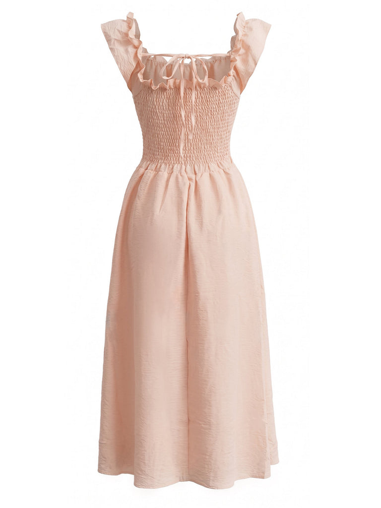 Robe Rose Col Carré Volant Smocké Années 1940 3