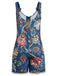Combishort Boho Floral à Col Carré et Boutons Bleu Années 1970