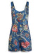 Combishort Boho Floral à Col Carré et Boutons Bleu Années 1970