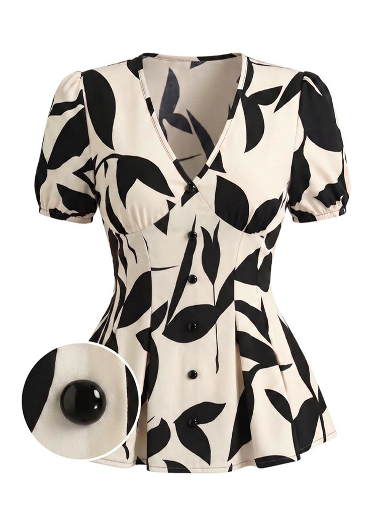 Blouse Col V Manches Bouffantes Fleurs Années 1940