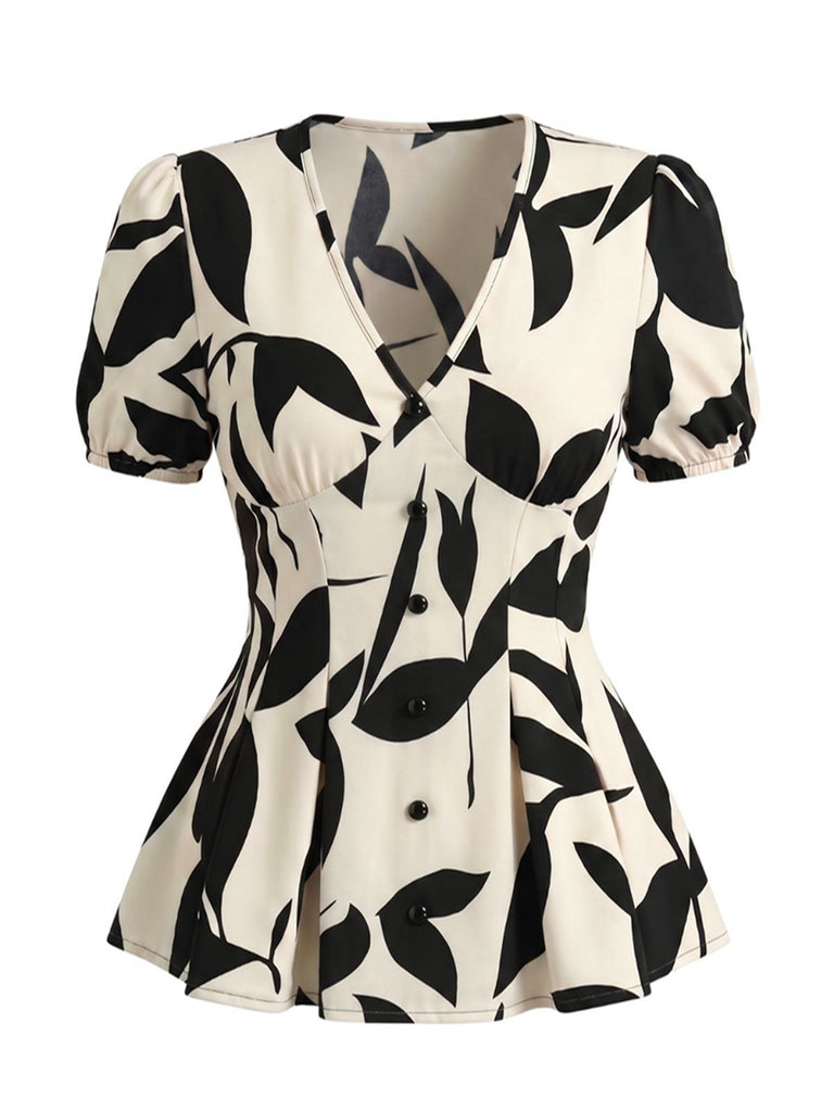 Blouse Col V Manches Bouffantes Fleurs Années 1940