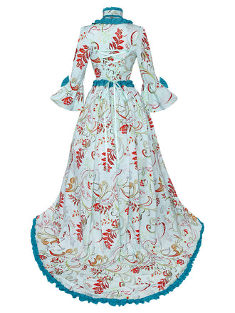 Robe bleue rococo à fleurs, manches cloche et volants années 1970