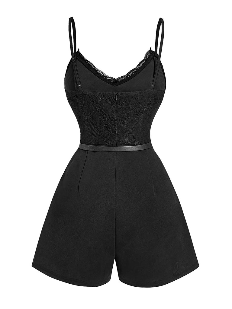 Combishort à Bretelles Spaghetti Ceinturé Dentelle Patchwork Années 60