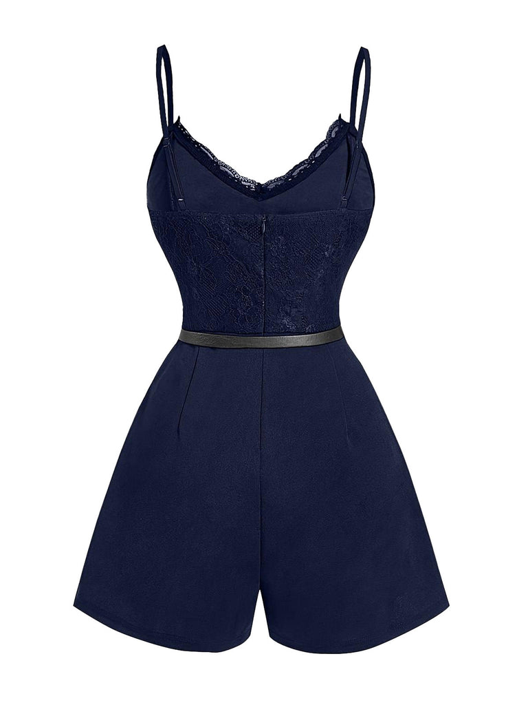 Combishort à Bretelles Spaghetti Ceinturé Dentelle Patchwork Années 60