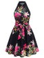 Robe fleurie à col halter et taille nouée années 1950