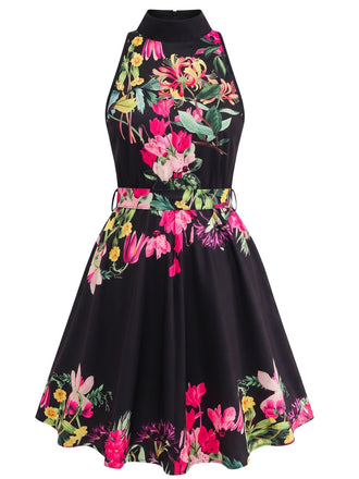 Robe-chemise fleurie à col halter et taille nouée années 1950 - 8