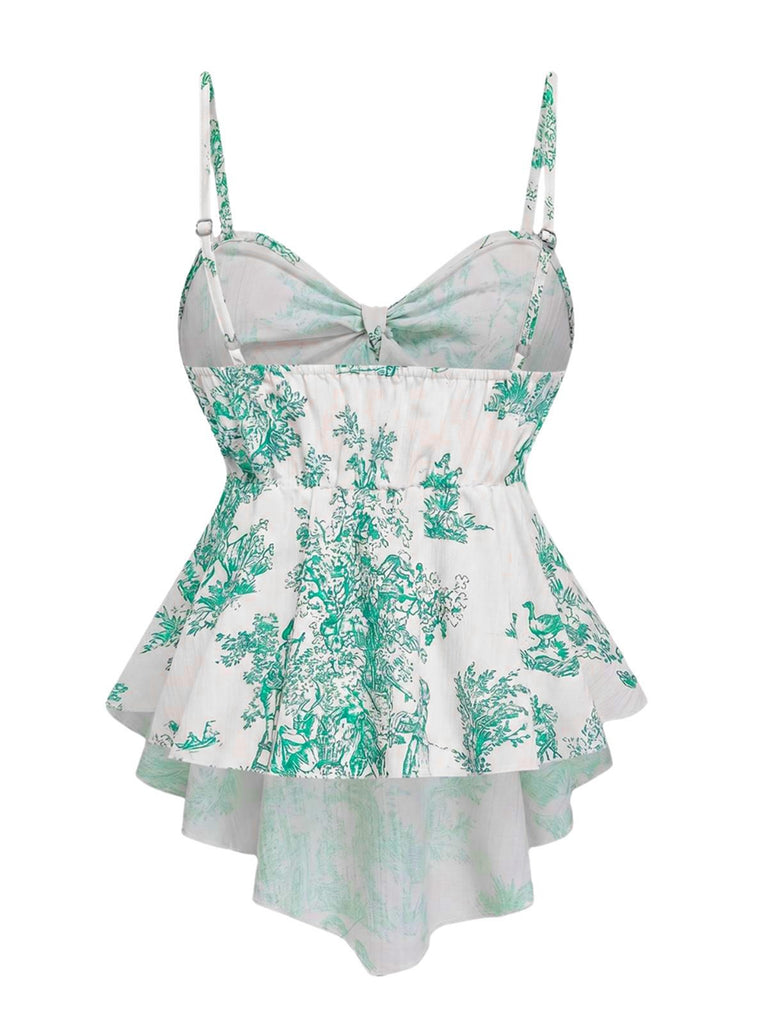 Haut vert bretelles fines imprimé façon porcelaine années 1960