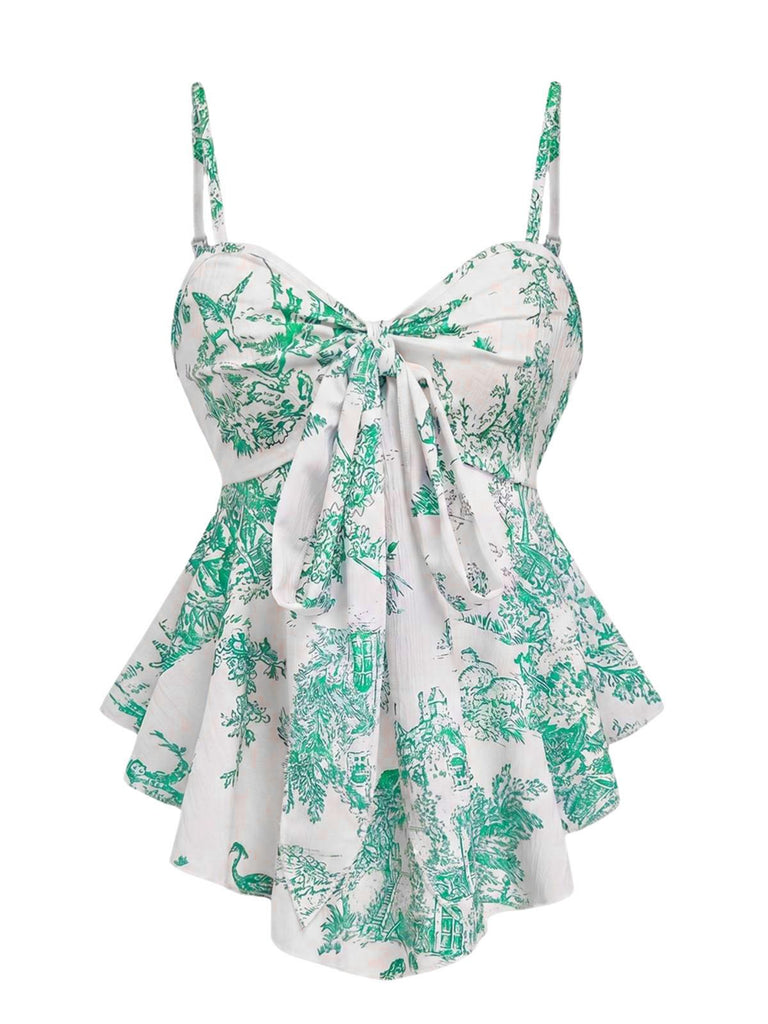 Haut vert bretelles fines imprimé façon porcelaine années 1960