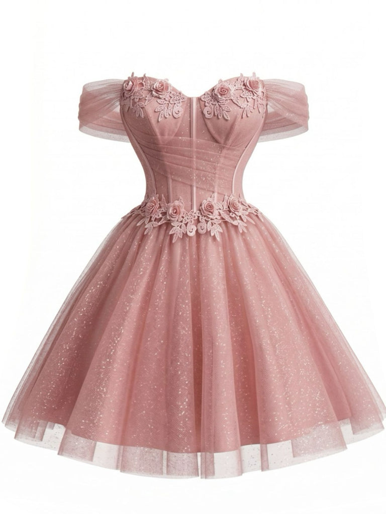 Robe de bal rose motif floral épaules dénudées et tulle pailleté années 1950