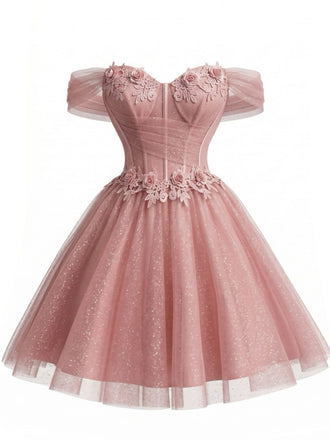 Robe de bal rose motif floral épaules dénudées et tulle pailleté années 1950