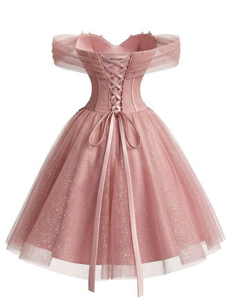 Robe de bal rose motif floral épaules dénudées et tulle pailleté années 1950