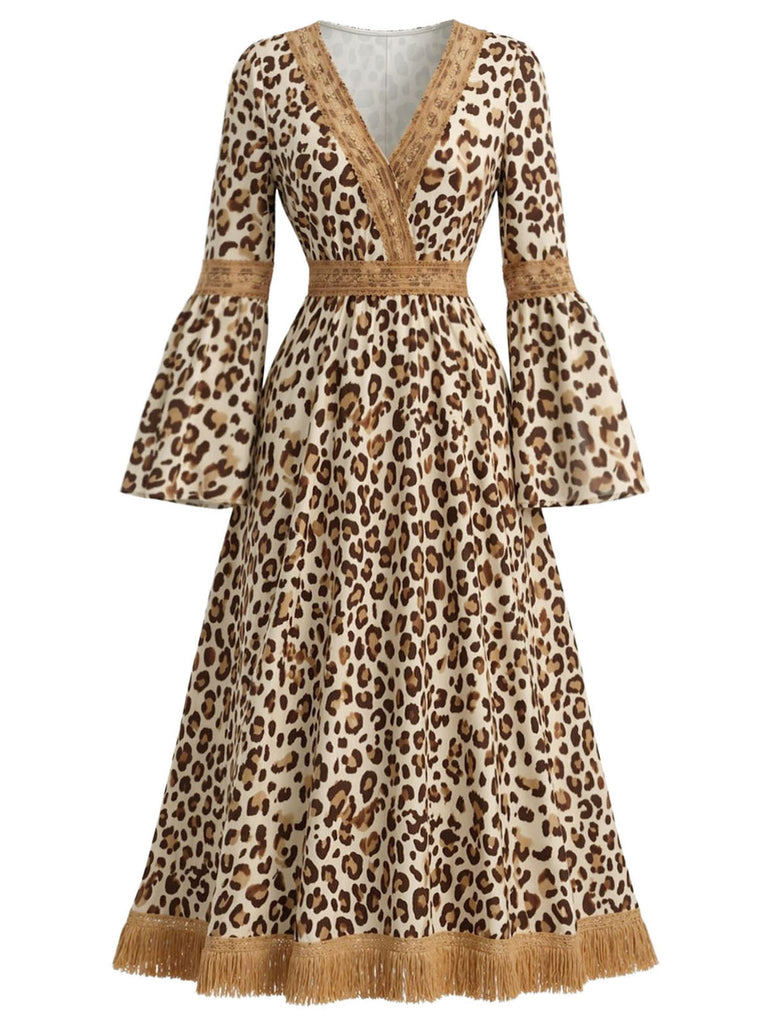 [Prévente] Robe bohème à imprimé léopard, col V, franges et manches cloche Années 1970
