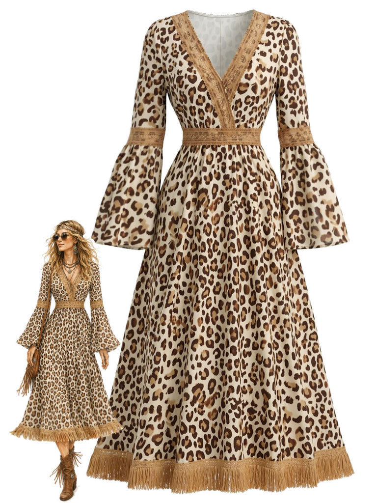 [Prévente] Robe bohème à imprimé léopard, col V, franges et manches cloche Années 1970