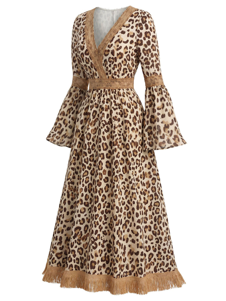 [Prévente] Robe bohème à imprimé léopard, col V, franges et manches cloche Années 1970