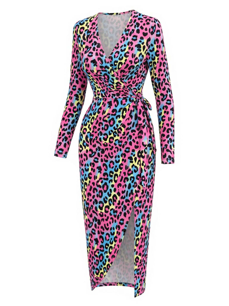 [Prévente] Robe portefeuille multicolore en maille à imprimé léopard néon années 1980