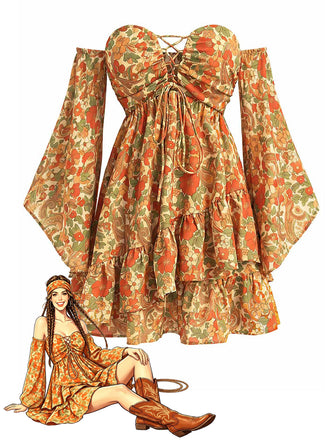 [Prévente] Robe Floral Dentelle Foncé Évasé Manche Bohème Mini Jaune Années 1970
