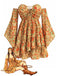 [Prévente] Robe Floral Dentelle Foncé Évasé Manche Bohème Mini Jaune Années 1970