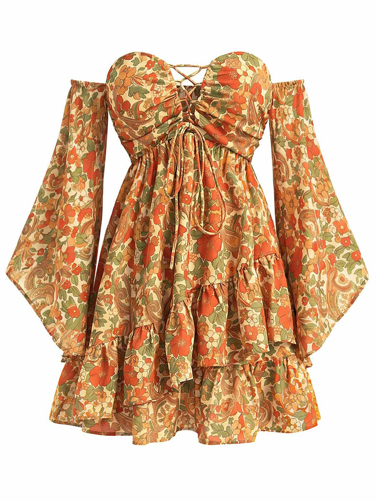 [Prévente] Robe Floral Dentelle Foncé Évasé Manche Bohème Mini Jaune Années 1970 3