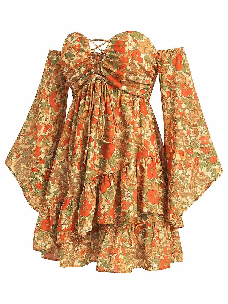 [Prévente] Robe Floral Dentelle Foncé Évasé Manche Bohème Mini Jaune Années 1970 4