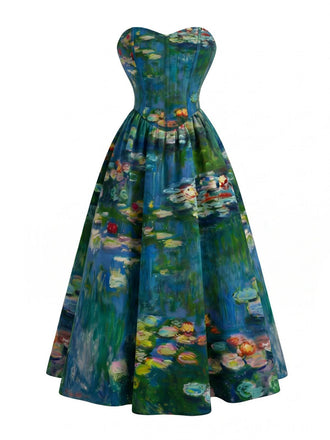 Robe bustier bleue motif nénuphars et décolleté cœur années 50
