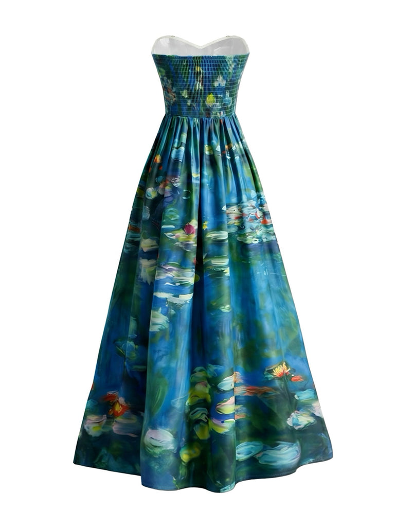 [Prévente] Robe bustier vert pâle motif nénuphars et décolleté cœur années 50