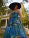Robe bustier bleue motif nénuphars et décolleté cœur années 50