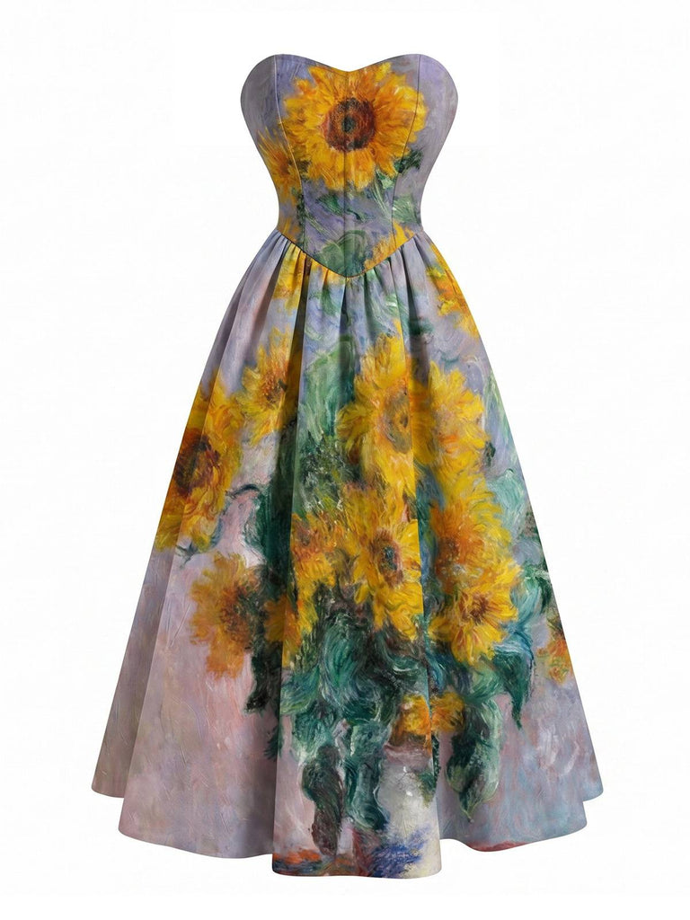 Robe bustier bleue motif nénuphars et décolleté cœur années 50