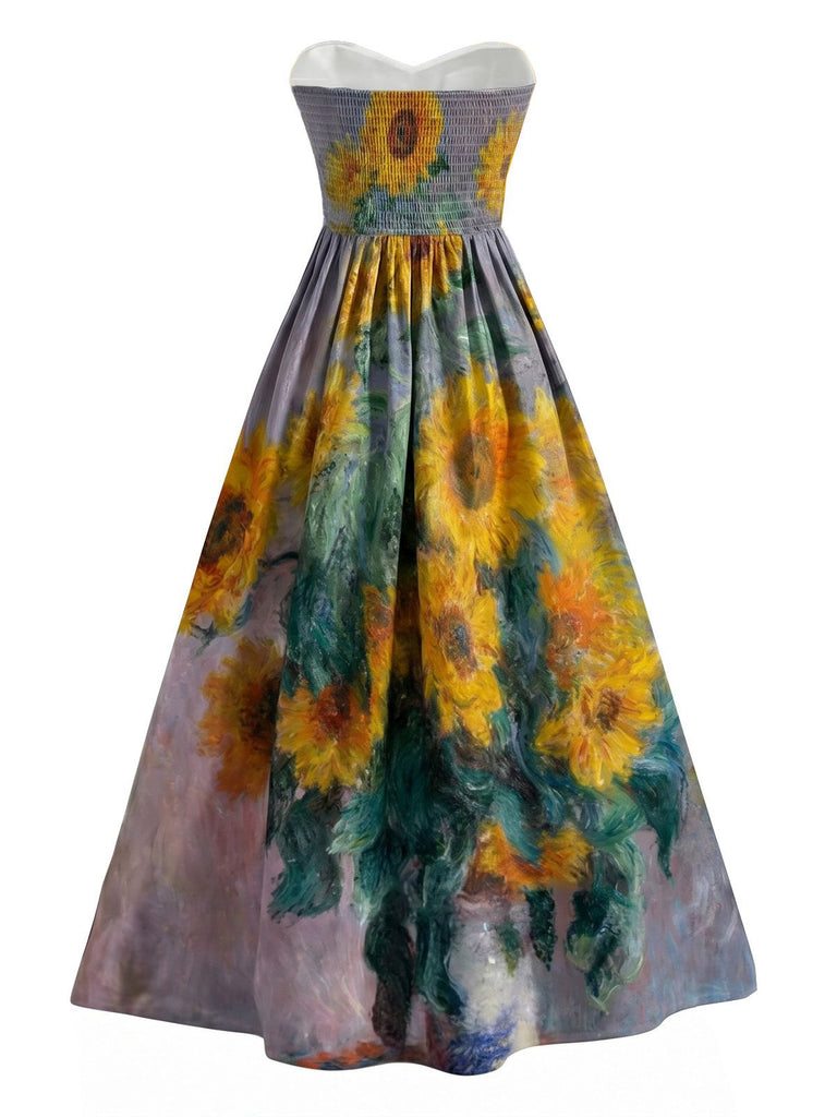 Robe bustier bleue motif nénuphars et décolleté cœur années 50