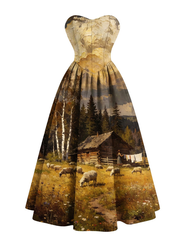 [Prévente] Robe jaune sans bretelles à décolleté cœur et paysage pastoral Années 1950
