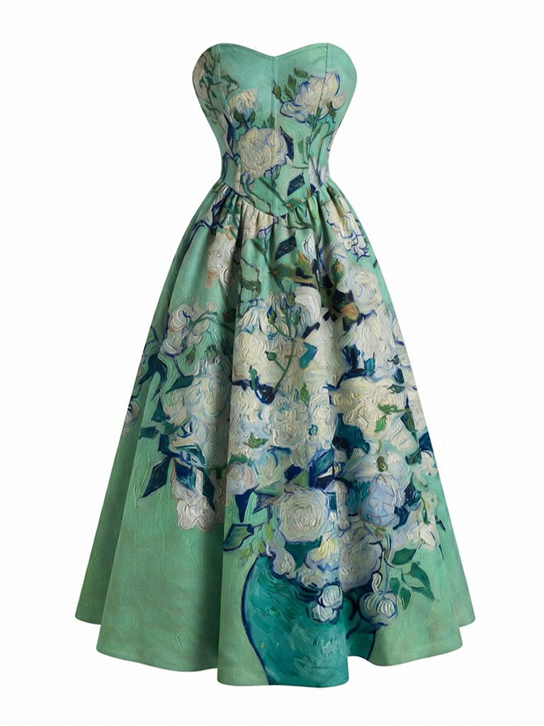Robe bustier bleue motif nénuphars et décolleté cœur années 50