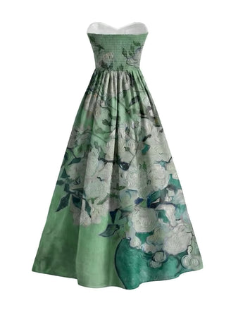 [Prévente] Robe bustier vert pâle motif nénuphars et décolleté cœur années 50
