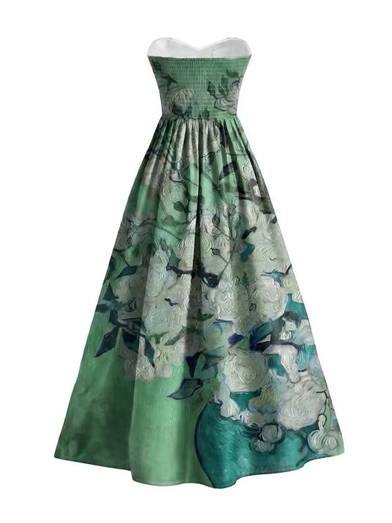 Robe bustier bleue motif nénuphars et décolleté cœur années 50