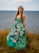Robe bustier bleue motif nénuphars et décolleté cœur années 50
