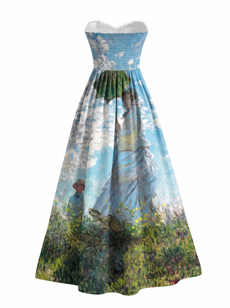 Robe bustier bleue motif nénuphars et décolleté cœur années 50