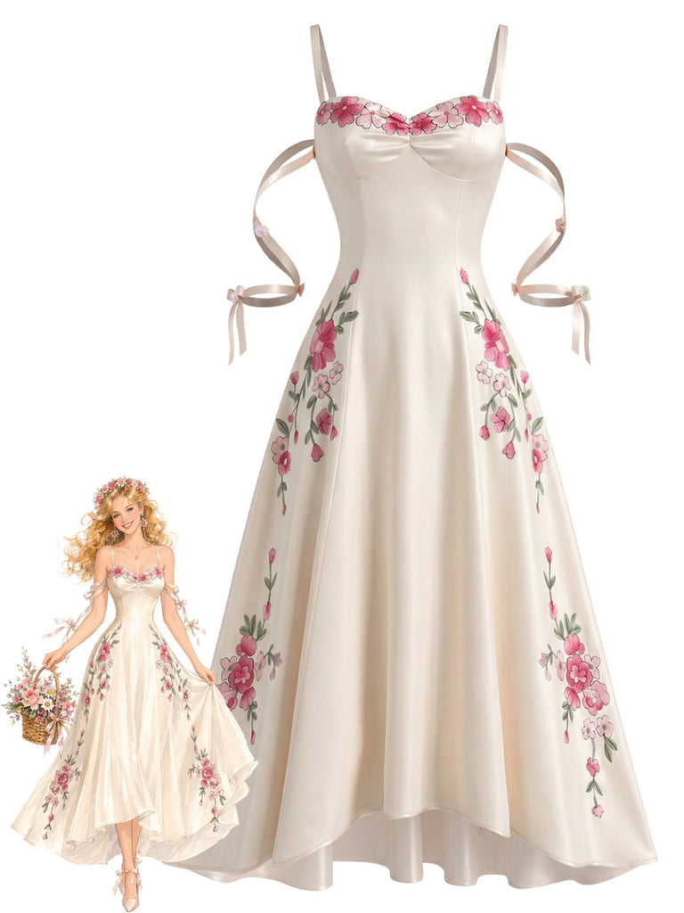 [Prévente] Robe Blanc 3D-Floral Satin Hollow Slip Années 1940